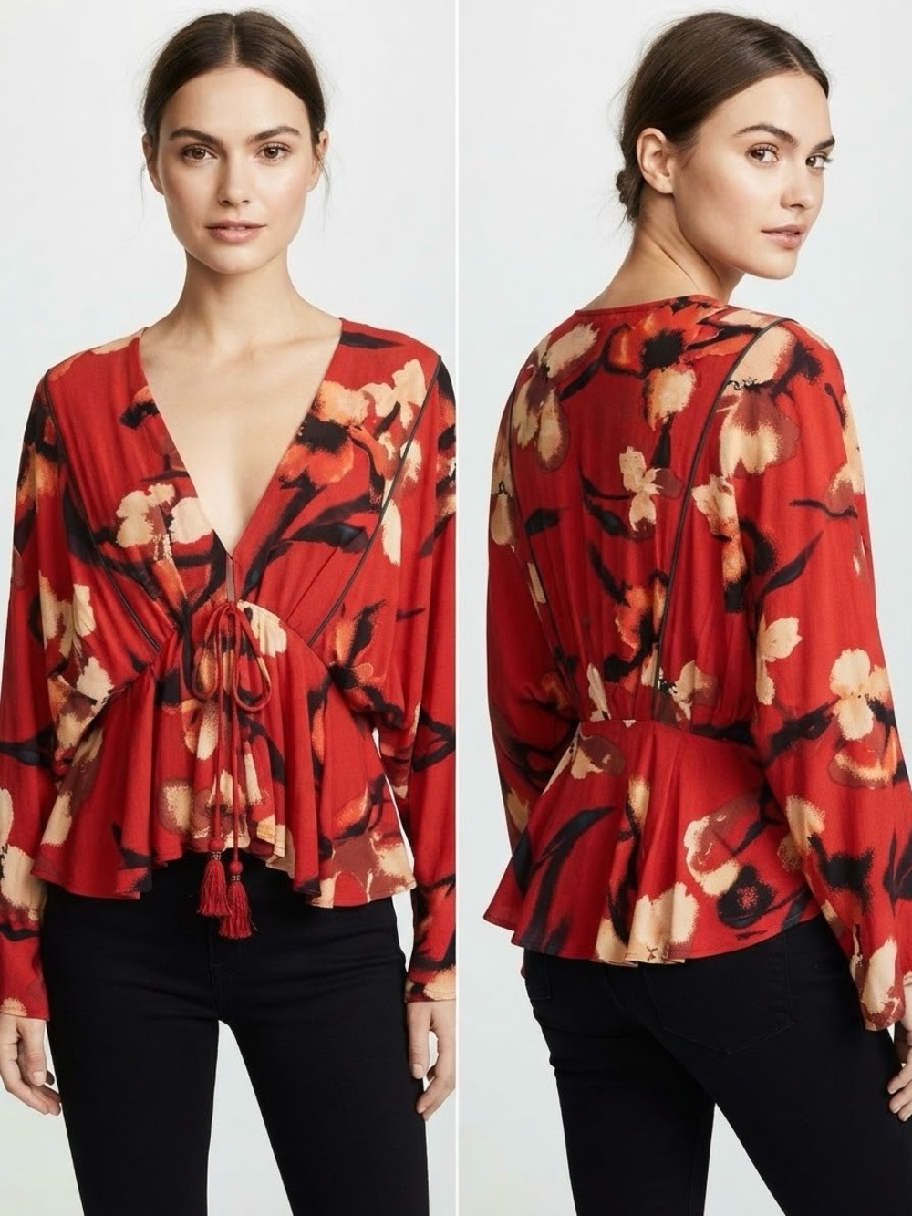 Band of the free Tie-Front Red Floral V-Neck Women's Blouse .